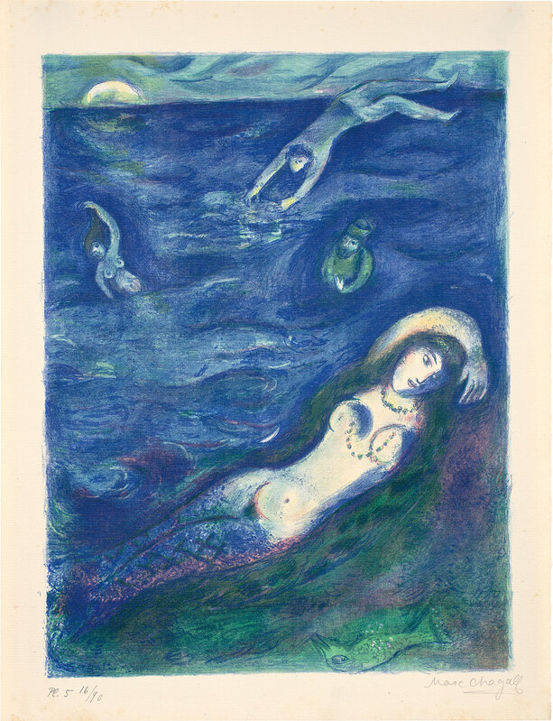 Marc Chagall, ‘So I came forth of the Sea and sat down on the edge of an island in the moonshine...: plate 5, from Four Tales from the Arabian Nights (M. 40, see C. bks 18)’, 1948, Print, Lithograph in colors, on Utopian laid paper, with full margins, contained in the original wove paper folio with lithograph illustrations, folded (as issued)., Phillips