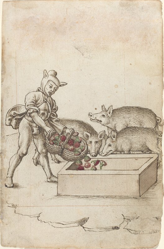 ‘A Fool Feeding Flowers to Swine [fol. 42 recto]’, ca. 1512/1515, Drawing, Collage or other Work on Paper, Pen and brown ink with watercolor on laid paper, National Gallery of Art, Washington, D.C.