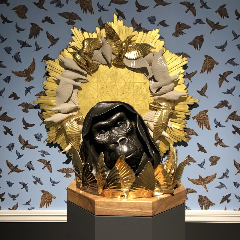 Laurel Roth, ‘Relquary for Biodiversity’, 2018, Sculpture, Gorilla: Ceramic with bronze detailing; walnut base; Wall piece: Vitreous china, glazes, wood, gold leaf, Catharine Clark Gallery