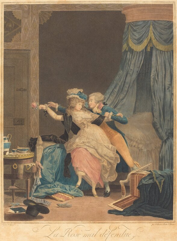 Philibert-Louis Debucourt, ‘La Rose mal defendue’, 1791, Print, Etching and engraving printed in color from one plate inked "a la poupee", National Gallery of Art, Washington, D.C.