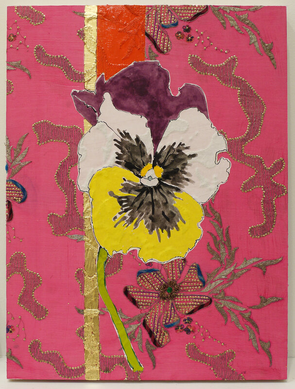 Robert Kushner, ‘Pansy ’, 2018, Painting, Oil, acrylic, ink, gold leaf, paper, silk brocade, embroidery, sequins, and rhinestones on panel, DC Moore Gallery