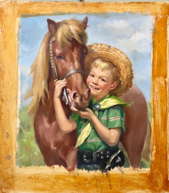 Ariane Beigneux, ‘Original Vintage Illustration Boy with Horse Oil Painting Americana’, Mid-20th Century, Painting, Oil Paint, Illustration Board, Lions Gallery