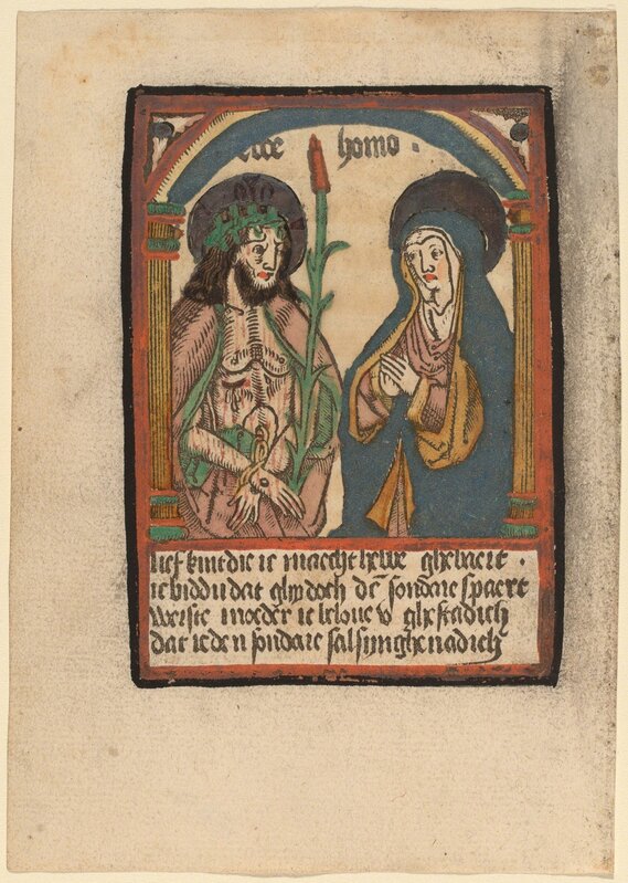‘The Man of Sorrows and His Mother’, ca. 1500, Print, Woodcut, hand-colored in rose, blue, lilac, vermilion, mustard yellow, white, brown, and silver, National Gallery of Art, Washington, D.C.