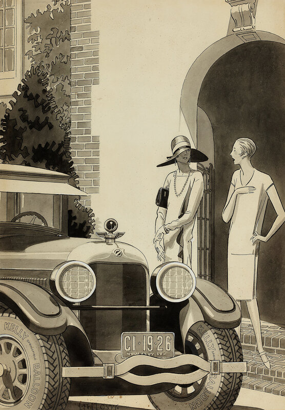 Laurence Fellows, ‘Art Deco Women / Flappers in front of Packard  Classic Car - Vintage Car Illustration’, 1926, Drawing, Collage or other Work on Paper, Ink, Watercolor, Robert Funk Fine Art