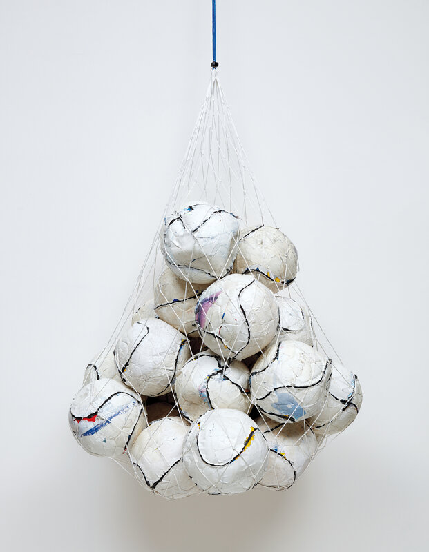 Mark Bradford, ‘Soccer Ball Bag 1’, 2011, Mixed Media, Nylon string and paper on soccer balls, Phillips