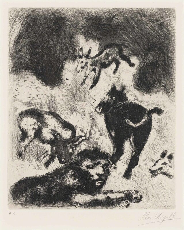 Marc Chagall, ‘LE LION ET L'ÀNE CHASSANT (CRAMER 22)’, 1927-30, Print, Etching on wove paper, Doyle