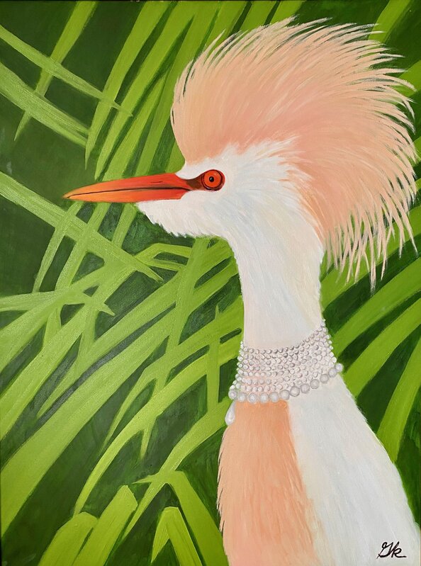 Gemma Kahng, ‘Cattle Egret Wearing Pearl Neckless’, 2021, Painting, Oil on Canvas, Beekman Arts Club