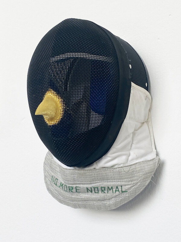 Stephen Wilks, ‘Bird Mask’, 2020, Sculpture, Fencing mask, clay, gold leaf, Hilgemann Art