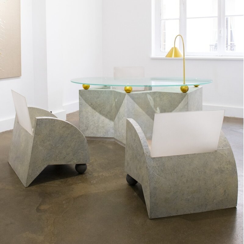 Pucci de Rossi, ‘Desk and its three armchairs’, 1988, Design/Decorative Art, Metal, wood, PVC, Plexiglas and engraved glass, Mouvements Modernes