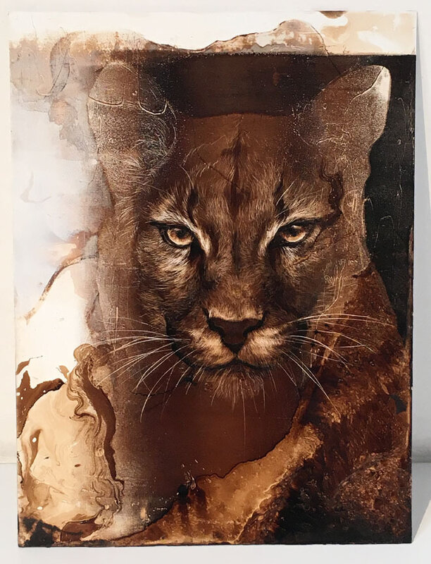 James Griffith, ‘Mountain Lion #3’, 2017, Mixed Media, Tar and titanium oil on panel, Laguna Art Museum Benefit Auction