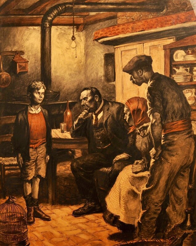 Amos Sewell, ‘Three Men Questioning Boy’, Painting, Charcoal and Red Wash, The Illustrated Gallery