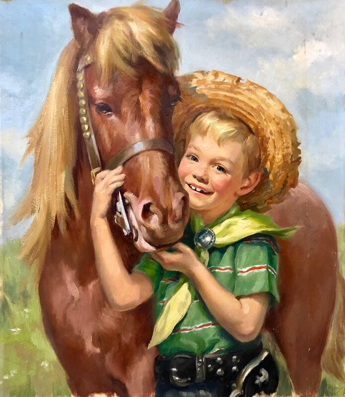 Ariane Beigneux, ‘Original Vintage Illustration Boy with Horse Oil Painting Americana’, Mid-20th Century, Painting, Oil Paint, Illustration Board, Lions Gallery