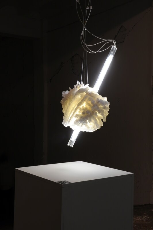 Tobias Klein, ‘Crystallized Pendant Chandelier’, 2013, Sculpture, Nylon 3D print, aluminum sulfate, 40-Watt neon bulb in acrylic cylinder