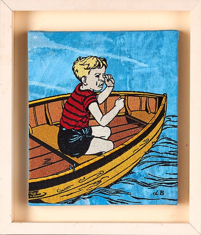 David Bromley, ‘Two Artworks: Crying Boy In Boat (Finely Detailed) and Girl In Boat’, ca. 1990, Mixed Media, Embroidery on painted canvas, Rago/Wright/LAMA/Toomey & Co.