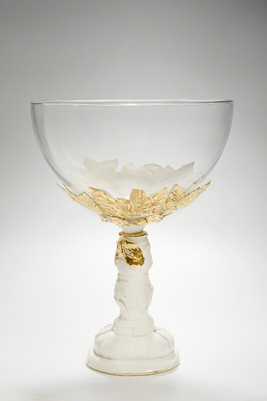 Amy Jayne Hughes, ‘Fauna’, 2013, Sculpture, Hand built Porcelain centre piece with drawn leaf sprig decoration, transparent glaze and 22 carat old lustre to finish with mouth blown crystal glass bowl, Cynthia Corbett Gallery
