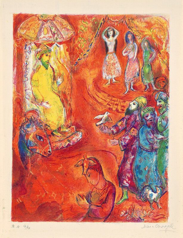 Marc Chagall, ‘Now the King loved science and geometry and one festival day as he sat on his kingly throne there came in to him three wise men...: plate 10, from Four Tales from the Arabian Nights: 11 plates (M. 45, see C. bks 18)’, 1948, Print, Eleven lithographs in colors, including the signed and numbered final state and ten color progressive proofs, on Utopian laid paper, with full margins, the proofs and final state all contained in the original two wove paper folios with lithograph illustrations, folded (as issued)., Phillips