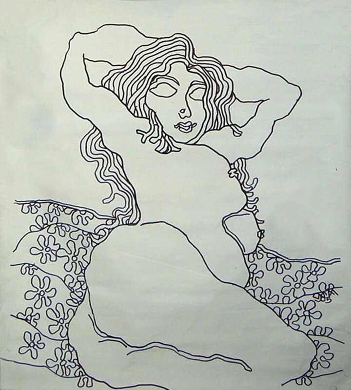 Prokash Karmakar, ‘Nude Lady with flowers, Ink on canvas, figurative by Master Indian Artist Prakash Karmakar’, 2005, Drawing, Collage or other Work on Paper, Ink on canvas, Gallery Kolkata