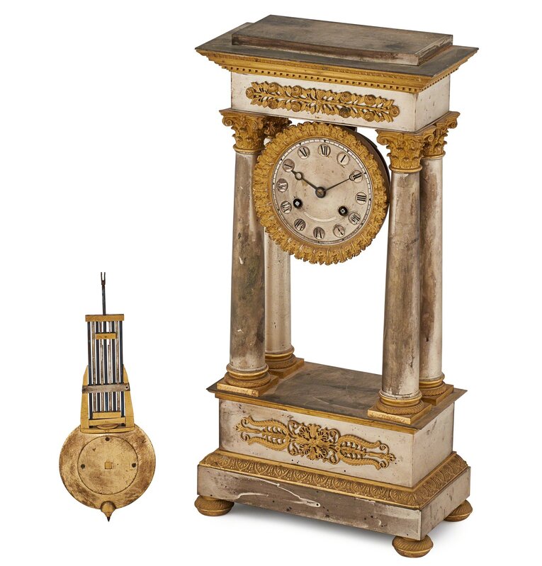 ‘French Empire Portico Clock’, 19th c., Design/Decorative Art, Steel and gilt bronze clock with scroll and foliate decoration, France, Rago/Wright/LAMA/Toomey & Co.