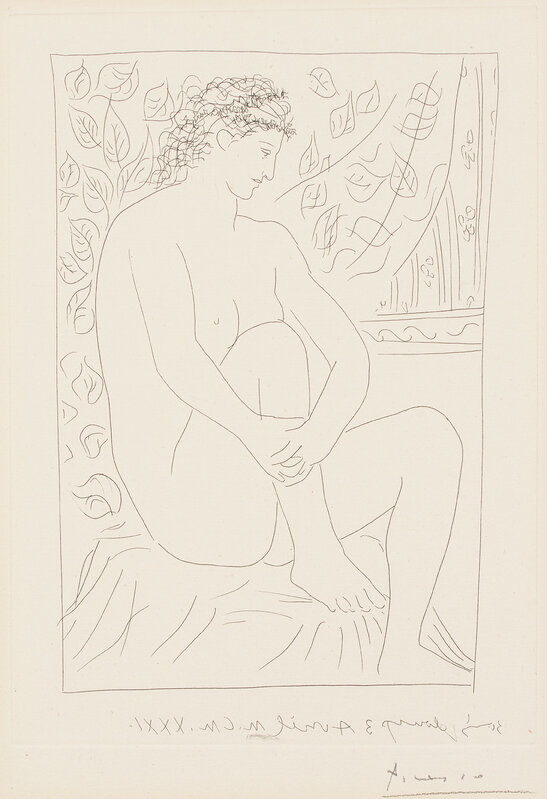 Pablo Picasso, ‘Femme nue assise devant une rideau (Naked Woman Sitting in Front of a Curtain), plate 4 from La Suite Vollard’, 1939, Print, Etching, on Montval laid paper watermark Picasso, with full margins., Phillips