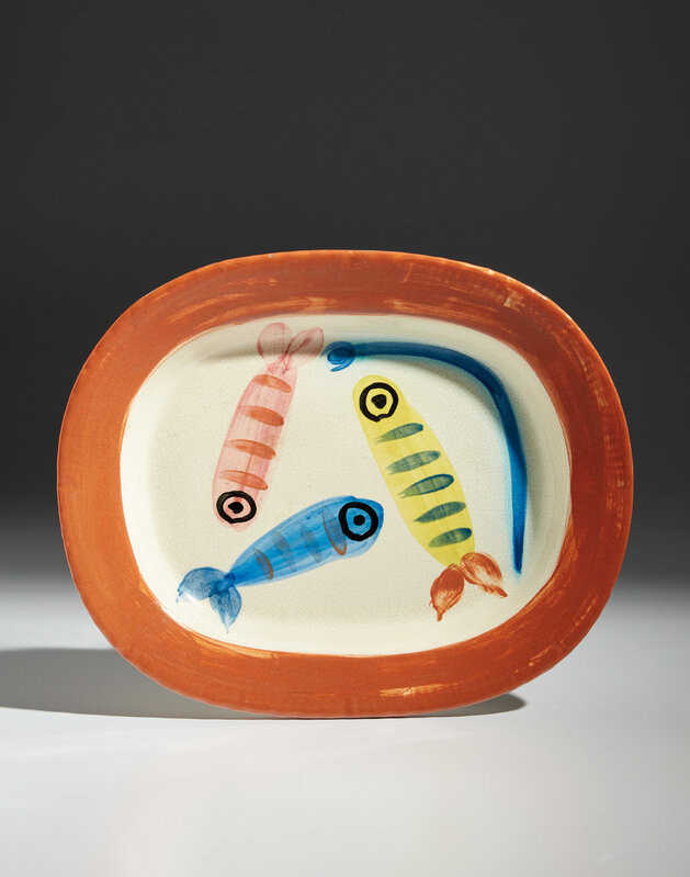Pablo Picasso, ‘Quatre poissons polychrome (Four polychrome fish)’, 1947, Design/Decorative Art, White earthenware rectangular dish, painted in colors and glazed., Phillips