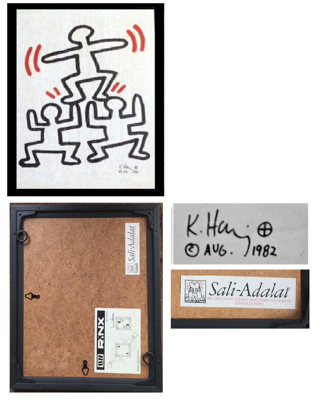 Keith Haring, ‘"Three Men", Bayer Suite, Sali-Adalat, Edition of 70, Offset Lithograph on Glassine Paper, Museum Quality.’, 1982, Print, Offset lithograph on glassine paper, with original plastic frame (as issued), VINCE fine arts/ephemera