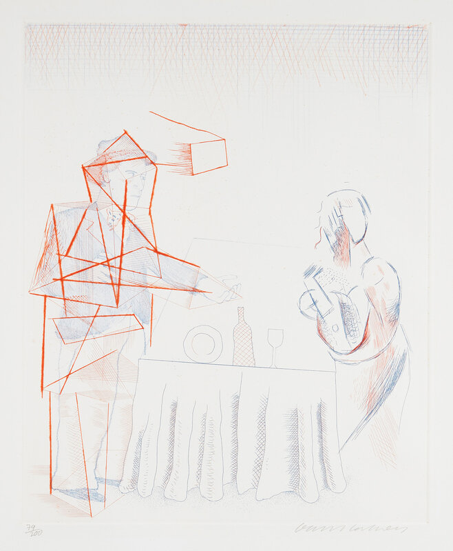 David Hockney, ‘Figures with Still Life, from The Blue Guitar (S.A.C. 208, M.C.A.T. 187)’, 1976-1977, Print, Etching and drypoint in colors, on Inveresk paper, with full margins., Phillips