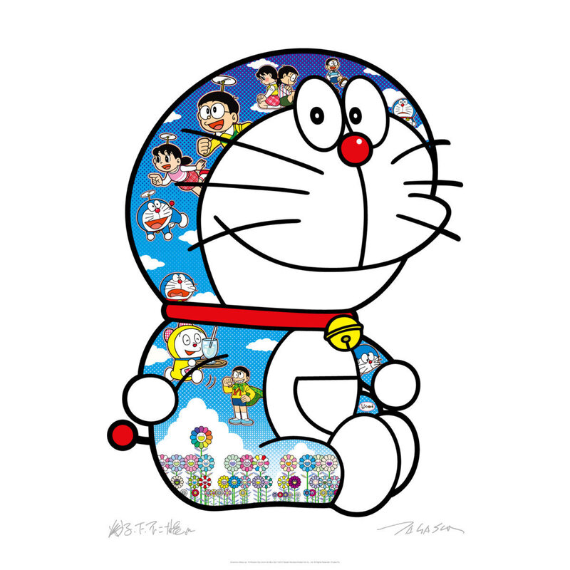 Takashi Murakami, ‘DORAEMON SITTING UP: "A PLEASANT DAY UNDER THE BLUE SKY"’, ca. 2020, Print, Offset print with silver and high gloss varnishing, Dope! Gallery