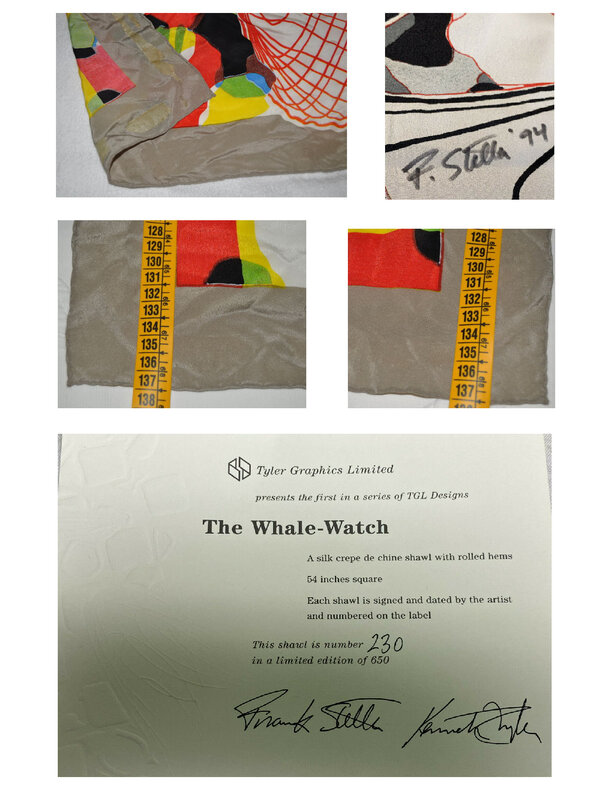 Frank Stella, ‘"The Whale Watch", Silk Crepe de Shawl/Scarf, SIGNED/Dated Edition 230 of 650, LARGE 54 x 54 in.’, 1993, Print, Silk Crepe de Shawl/Scarf with rolled hems., VINCE fine arts/ephemera