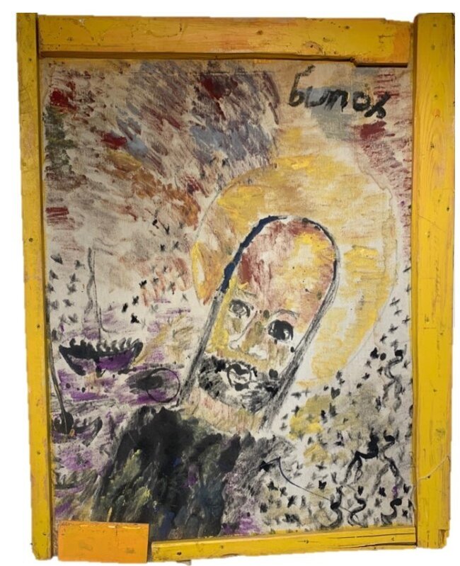 Purvis Young, ‘Holy Man in Yellow’, ca. 1970's-80's, Painting, Acrylic on wood panel with wood surround, Burgess Modern and Contemporary