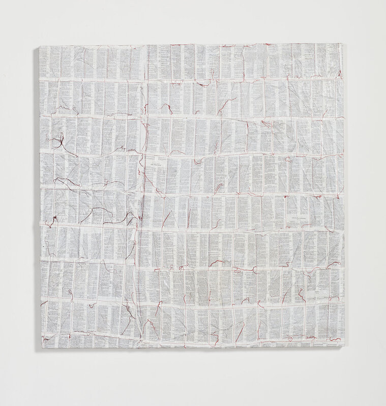 Turiya Magadlela, ‘Ixesha II ’, 2018, Drawing, Collage or other Work on Paper, Bible pages, cotton thread and wood glue on canvas, WHATIFTHEWORLD