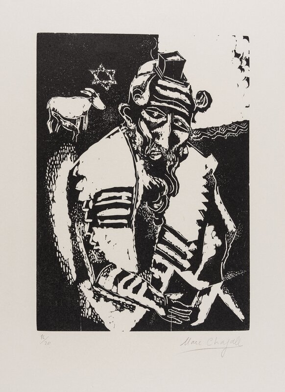 Marc Chagall, ‘Le Juif Priant, Juif à la Thora, La Maison, L’Homme au Sac, Chèvre et Violin, L’Ecuyère et le Coq, (Kornfeld 31 III, 32 IV b, 33II b, 34 II b, 35 c and 84)’, 1922-23, Print, The set of six wood engravings, Forum Auctions