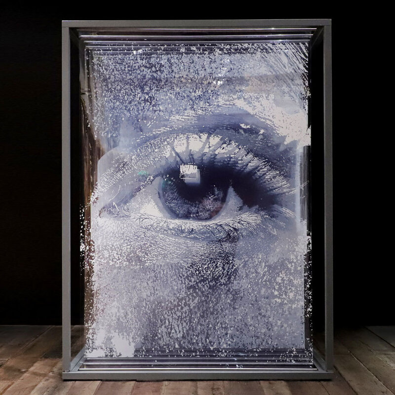 Vhils, ‘Chroma Series #01’, 2020, Installation, Piezoelectric inkjet print dried with UV light on transparent crystal film, suspended in a metal frame, AURUM GALLERY