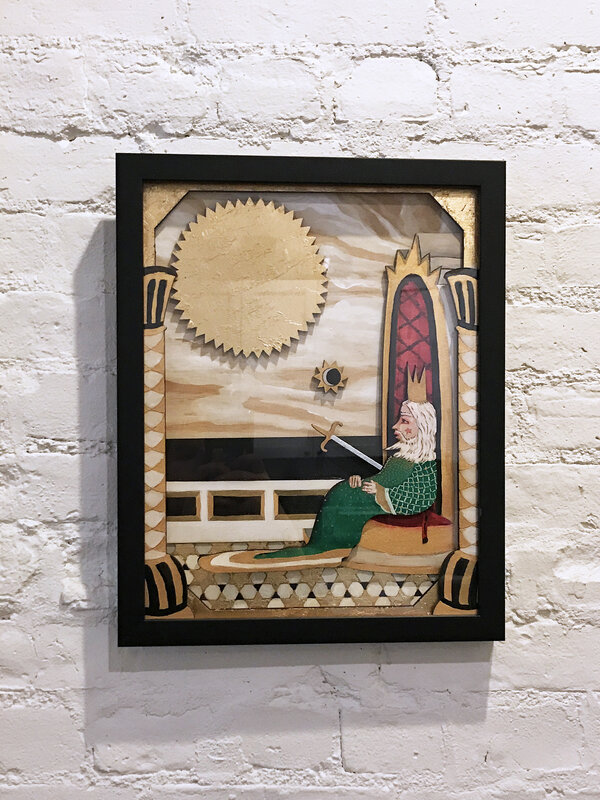 Deming King Harriman, ‘Death Of A King’, 2019, Painting, Mixed Media; Laser Cut Wood, Acrylic & Gold Leaf Framed, BBAM! Gallery