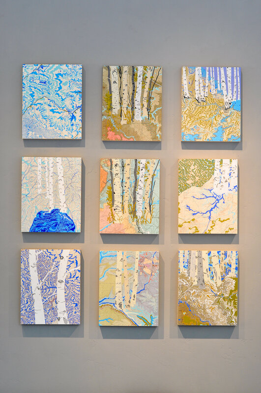 Meredith Nemirov, ‘Rivers Feed the Trees #455’, 2021, Painting, Acrylagouache on old topo maps, mounted on wood panel, MiXX projects + atelier