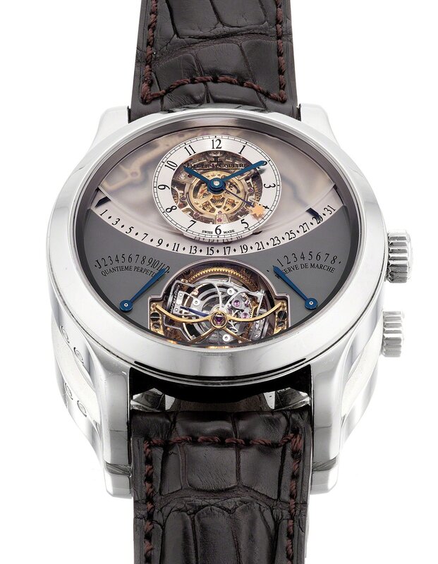 Jaeger-LeCoultre, ‘An extremely rare and highly complicated platinum perpetual calendar wristwatch with equation of time, power reserve indication, gyrotourbillon regulator, warranty and box, numbered 64 of a limited edition of 75 pieces’, Circa 2010, Fashion Design and Wearable Art, Platinum, Phillips
