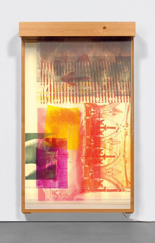 Robert Rauschenberg, ‘Sling-Shots Lit #2’, 1985, Installation, Monumental lightbox with lithograph in colors with screenprint, and assemblage with a sailcloth, Mylar, a fluorescent light fixture, aluminum, a moveable window shade system, and Plexiglas bars., Phillips