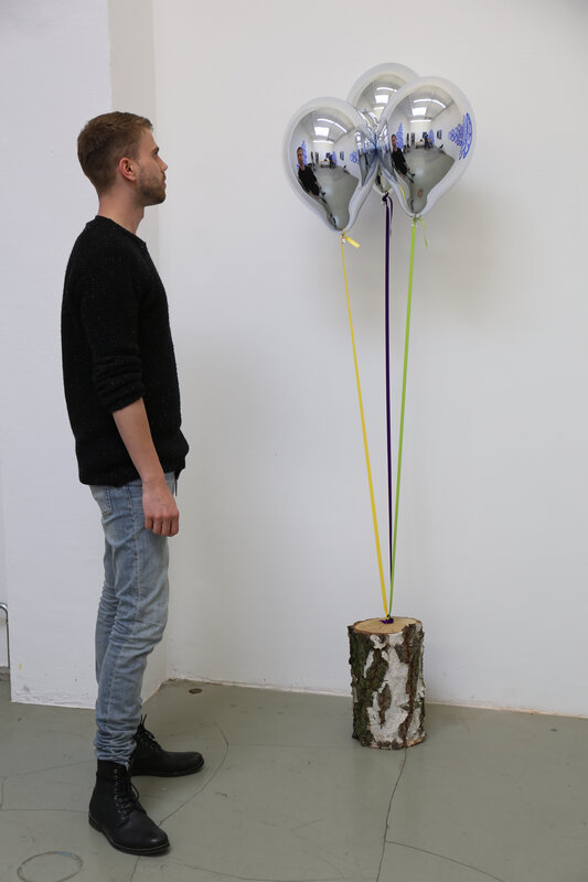 Jeppe Hein, ‘Mirror Balloons with Tree Trunk’, 2015, Sculpture, Glass fiber reinforced plastic, chrome lacquer, magnet, strings (yellow, purple, may green), birch stem, Galería RGR