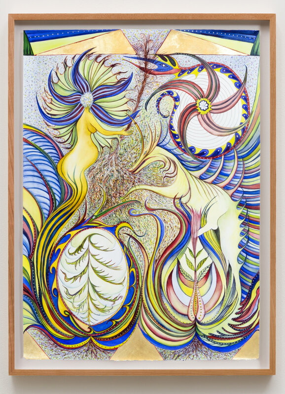 Faith Wilding, ‘3 Dragons, 1 Goddess’, 2020, Drawing, Collage or other Work on Paper, Watercolor, gold leaf, and ink on paper, Anat Ebgi