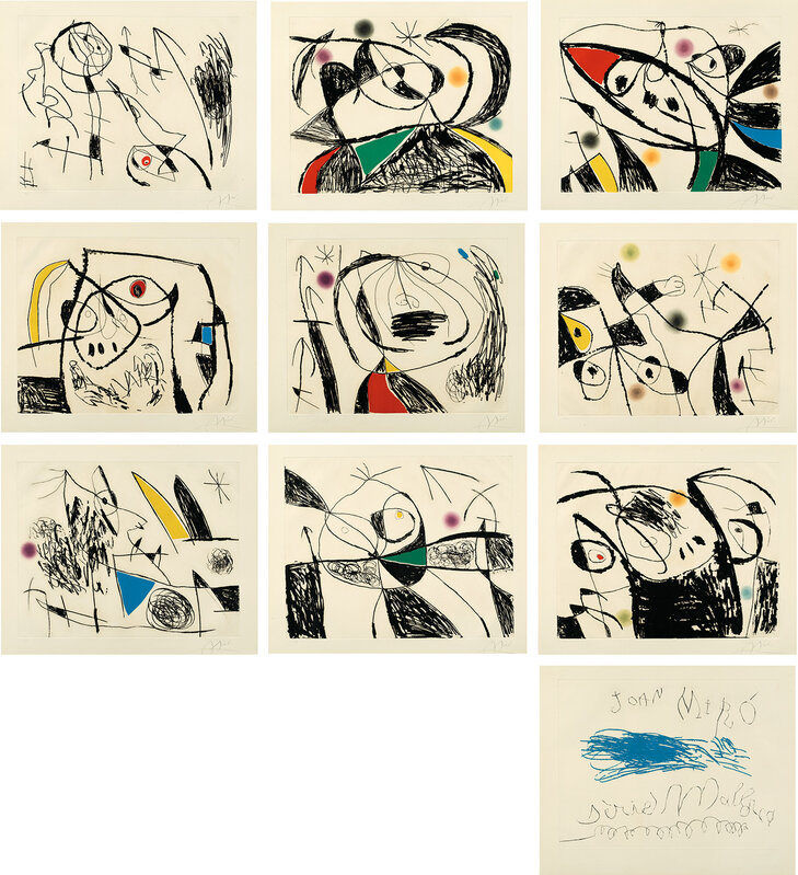 Joan Miró, ‘Série Mallorca (Mallorca Series) (D. 610-619, C. 177)’, 1973, Print, The complete set of 10 etchings with aquatint in colors (including the title page), on Guarro paper, with full margins, all contained in the original patterned and cloth-covered folio., Phillips