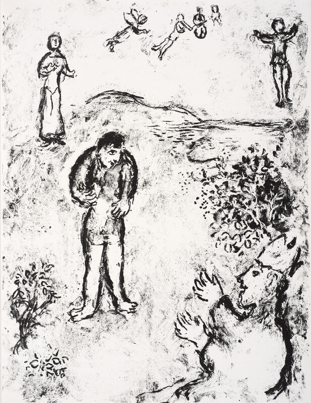 Marc Chagall, ‘The stocky Caliban, his stooped shoulders wrapped in a coarse fur, eyes Prospero suspiciously. In the background are Miranda and Ariel, and spirits with a string instrument hover above.’, 1975, Print, Lithograph, Ben Uri Gallery and Museum 