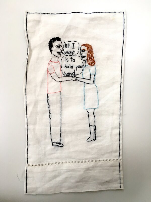 Iviva Olenick, ‘Hold your Hand - love narrative embroidery on vintage fabric’, 2019, Textile Arts, Thread embroidery on vintage fabric, Muriel Guépin Gallery