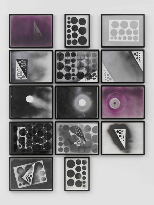 Mai-Thu Perret, ‘Black Noise Drawings’, 2007, Drawing, Collage or other Work on Paper, Spray can colour on paper; 14 parts; 12x: 31.3 x 41.1 cm; 2x: 29.6 x 20.9 cm, Galerie Andrea Caratsch