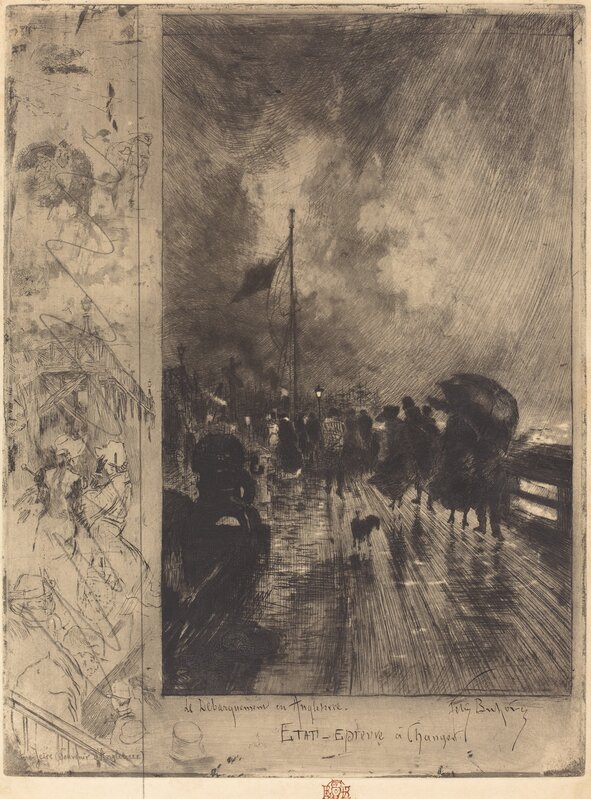 Félix Hilaire Buhot, ‘Un Débarquement en Angleterre (Landing in England)’, 1879, Print, Etching, drypoint, aquatint (dust ground and spirit ground), softground etching, and roulette in black with the artist's revisions in graphite on moderately thick cream wove paper, National Gallery of Art, Washington, D.C.