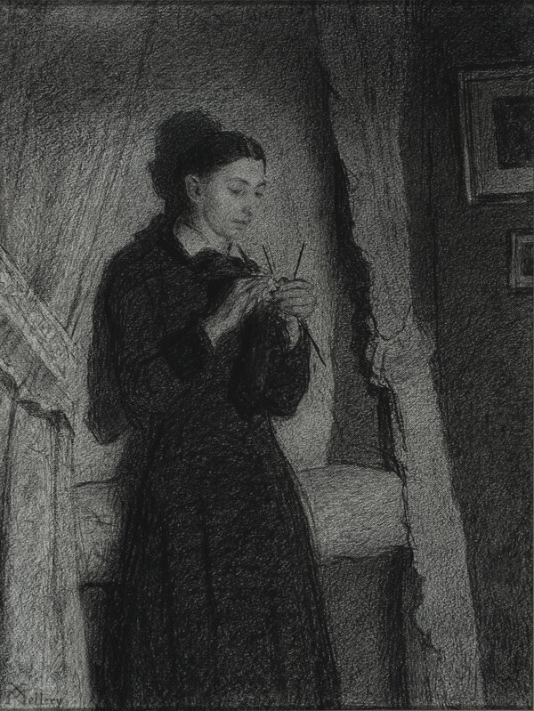 Xavier Mellery, ‘La Tricoteuse (Soir, effet de lampe) (The Knitter (Evening, lamp effect))’, ca. 1890, Drawing, Collage or other Work on Paper, Black chalk and washes on paper, Mireille Mosler Ltd.