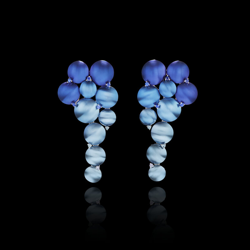 FABIO SALINI, Jewelry, "Discs" earrings in white gold, titanium in different shades of blue, sapphires, Fabio Salini