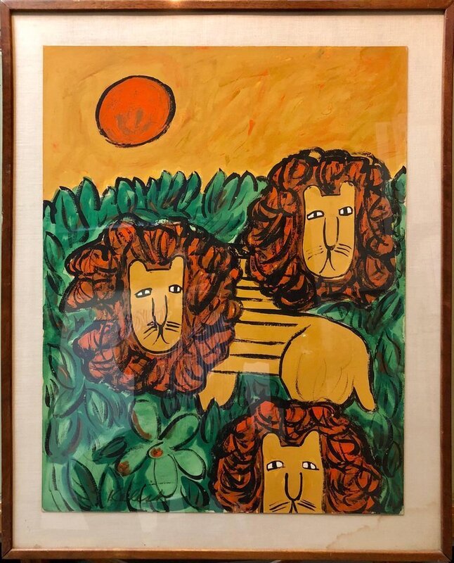 Lionel Kalish, ‘Original Oil Painting "LIONS" in a Modernist Illustration Graphic Style’, 1960-1969, Painting, Paper, Oil Paint, Lions Gallery