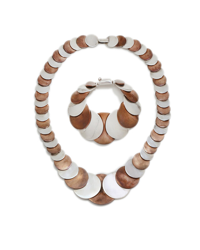 Hector Aguilar, ‘A set of Hector Aguilar copper and silver jewelry’, Jewelry, Comprising a bracelet and necklace set both with riveted alternating circular disks, 2 pieces, John Moran Auctioneers