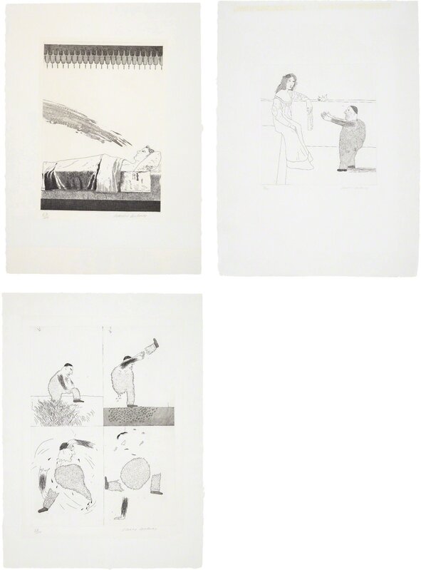 David Hockney, ‘Cold Water about to Hit the Prince; Pleading for the Child; and He Tore Himself in Two, plates 28, 37 and 39 from, Illustrations for Six Fairy Tales from the Brothers Grimm’, 1969, Print, Three etchings, two with aquatint, on Hodgkinson handmade wove paper watermarked 'DH / PP', with full margins., Phillips