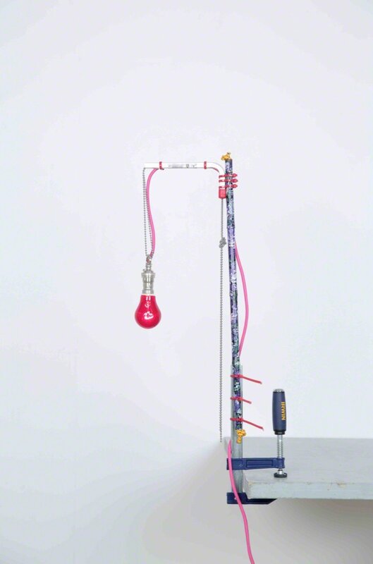 Ryan Gander, ‘A lamp made by the artist for his wife (Forty eighth attempt)’, 2014, Sculpture, Walking stick, bungee cord, shelving fixture, clamp, zip ties, chain, red light bulb, electrical fixtures and fittings, Georg Kargl Fine Arts