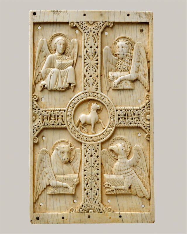 Unknown Italian, ‘Plaque with Agnus Dei on a Cross between Emblems of the Four Evangelists’, 1000–1050, Sculpture, Ivory, The Metropolitan Museum of Art